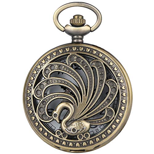 Aruie - Reloj de bolsillo con diseño de pavo real calado con microbolas, corazón floral y números árabes de cuarzo, estilo vintage y bronce