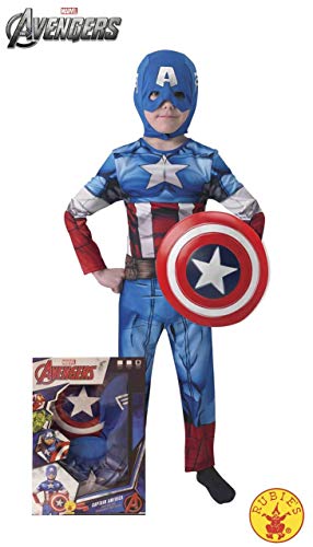 Avengers - Disfraz de Capitán América con escudo para niños, infantil 5-6 años (Rubie's 620551-M)