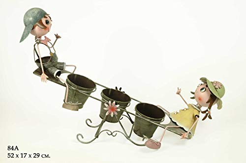 CAPRILO Macetero Triple Decorativo de Metal Niños en Balancín. Adornos y Figuras. Decoración para Jardín. Regalos Originales. 52 x 19 x 29 cm. IB 2