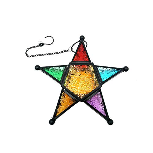 CLISPEED Portavelas de Estilo Marroquí Portavelas de Cristal en Forma de Estrella de Colores - Lámpara Colgante Decoración de Farol de Viento para El Patio Del Hogar Balcón Jardín
