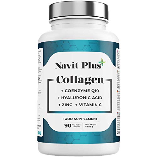 Colágeno Acido Hialurónico | Vitamina C | Coenzima Q10 | Zinc | Articulaciones, piel y huesos fuertes | 90 cápsulas vegetales | Navit Plus. Nº RGSEAA: 26.018330/M.
