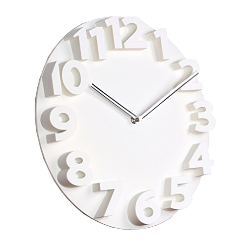 Del&Way 3D Redondo Reloj de Pared,Silencioso sin Ruidos El plastico Creativo Sala de Estar Moda Dormitorio Reloj de Pared-Blanco 35.5cm