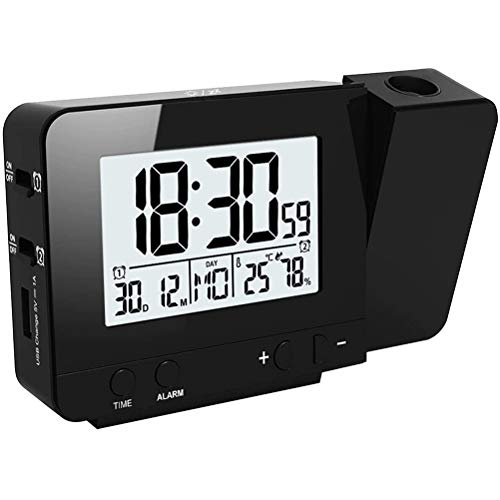 Despertador Proyector, Despertador Reloj Digital de Proyección Proyección de Temperatura y Tiempo/Puerto del Cargador USB/Temperatura Interiores/Ajuste de Tiempo Manual/Alarmas Dobles con repetición