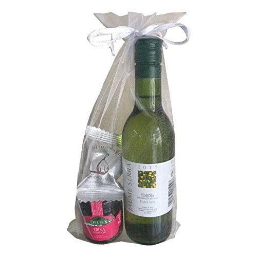 Detalle en bolsa de organza con vino Jaume Serra Penedés, mermelada de fresa y bombón Rabitos Royale para regalar (Pack 24 ud)