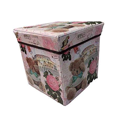 Ducomi - Puf Europuff contenedor plegable para decoración de hogares y salones, mueble cúbico con asiento y tapa, puf caja de ecopiel con estampado vintage multicolor, reposapiés compacto