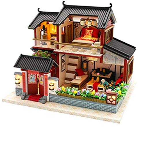 ECSWP Mini miniatura Doll House, House se monta con muebles, bricolaje Montaje casa, edificio Modelo Montaje siheyuan arte hecho a mano
