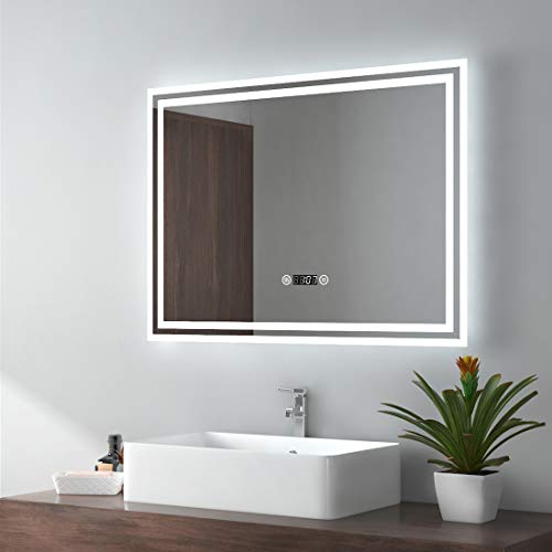 EMKE Espejo de Baño Espejo de baño Espejo LED Espejo de Pared con Interruptor Táctil+Antivaho+Reloj Digital,IP44,57W,Blanco Frío(80x60cm)
