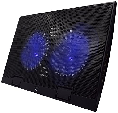 Ewent EW1257 Base de refrigeración gaming para ordenador portátil de 12 a 17 pulgadas con 4 puertos USB Hub, 2 ventiladores y luz LED blu, color negro