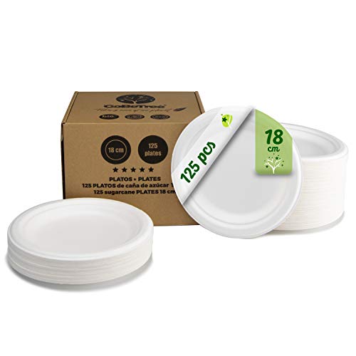 GoBeTree 125 Platos Desechables biodegradables de Papel de caña de azúcar de Ø18 cm en Caja de cartón. Platos extrafuertes de Color Blanco. Platos Redondos