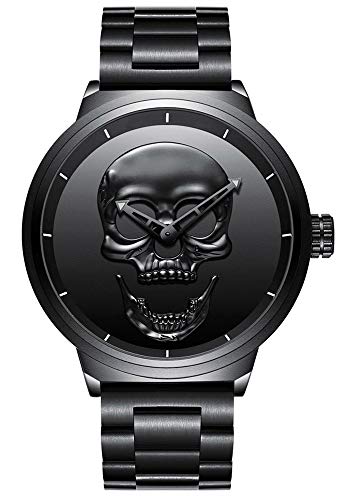 Hombre de cráneo creativo reloj Cool acero inoxidable grande dial Vintage Boy cuarzo reloj militar (Negro)