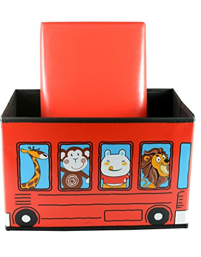 Home Line Puff/Baúl Infantil Plegable para Almacenamiento de Juguetes, de Color Rojo. Diseño Autobús con Animalitos 40x25x25cm.-Hogarymas-
