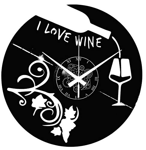 Instant Karma Clocks Enoteca - Reloj de Pared con Disco de Vinilo para Cerveza, Restaurante, pizzería I Love Wine Vino UVA y Cantina, cáliz, Negro