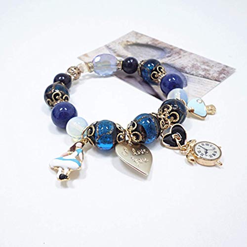 JIACUO Pulsera de gres Azul Riqueza Natural Feng Shui Lapislázuli Corazón/Reloj/Pequeña Princesa Colgante Pulsera de Amuleto Retro Chino, Azul