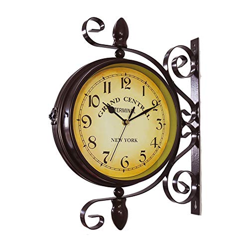 Jroyseter Reloj de Pared Giratorio de Doble Cara Retro Relojes clásicos Europeos con Soporte Reloj Colgante de Metal de Decoración de jardín Interior para el hogar (sin batería)