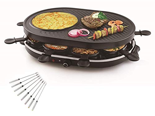 Juego de raclette y parrilla con superficie integrada para crepes, adecuado para 8 personas, incluye 8 tenedores Teppan, potencia de 1200 W.
