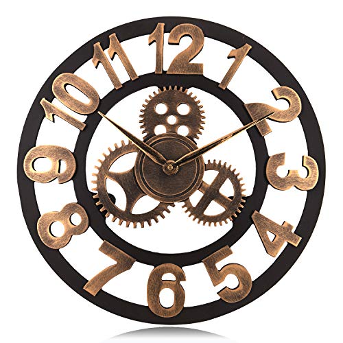Lafocuse Reloj de Pared Silencioso Madera Industrial Reloj Cuarzo Grande Engranaje Vintage Oro para Bar Salon Comedor Dormitorio 45 cm