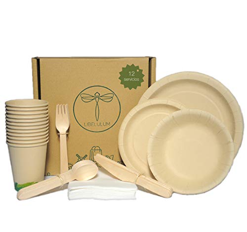 LIBELULUM Pack Vajilla Desechable Biodegradable de 12 Servicios. Incluye Vasos y Platos de Bambu, Cubiertos de Madera, 2 Cuencos y servilletas.