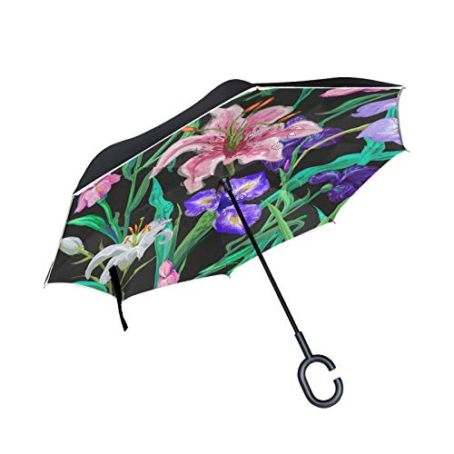 Lily Paraguas invertido de doble capa, mango en forma de C, paraguas plegable inverso, resistente al viento, paraguas grande de pie para uso al aire libre