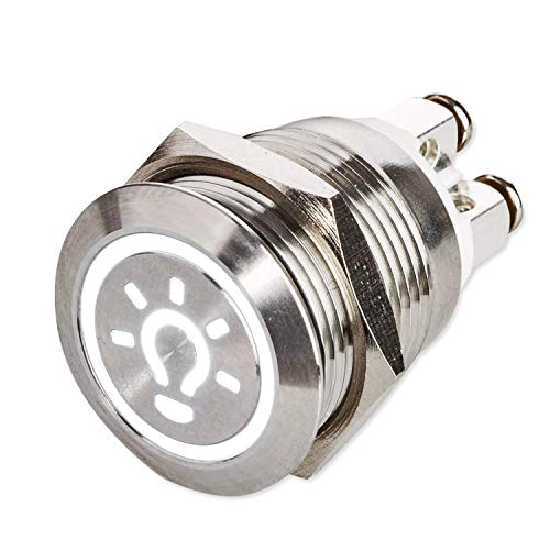 Metzler Pulsador Táctil LED de Acero Inoxidable - 230 V - Diámetro de 19 mm - Pulsador con Iluminación - Pulsador LED plano con Contacto de Rosca - Impermeable IP67 - Icono de luz - Blanco