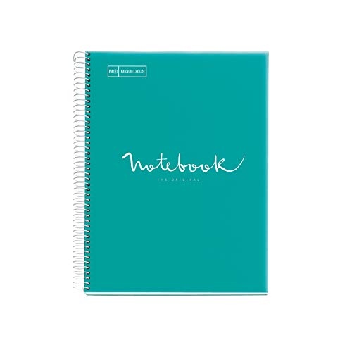 Miquelrius - Cuaderno Notebook Emotions - 1 franja de color, A4 Plástico, 80 Hojas cuadriculadas 5mm, Papel 90g, 4 Taladros, Cubierta de Polipropileno Translúcido, Color Turquesa