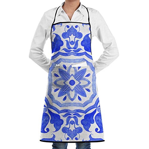 N\A Delantal de Azulejos de Azulejo portugués de Encaje Unisex para Hombre y Mujer Chef Ajustable poliéster Largo Completo Negro Cocina de Cocina para el hogar