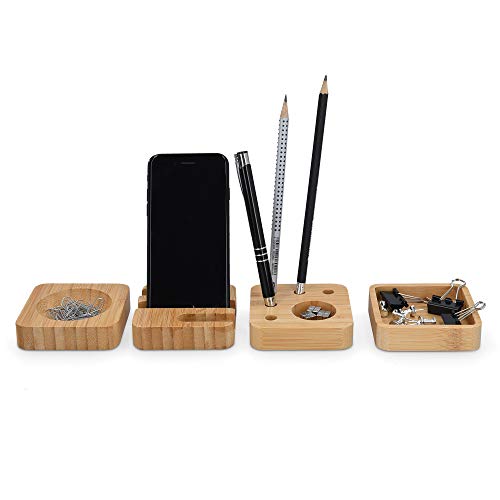 Navaris Set organizador de oficina para escritorio - Kit de 4x bloque de bambú para almacenamiento de bolígrafos lápices grapadora clips móvil