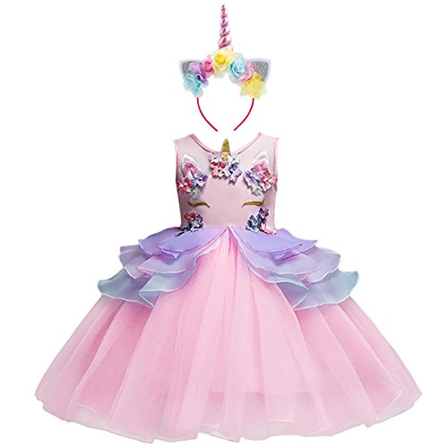 Niña Vestido 2PCS Princesa Unicornio Disfraz de Verano Cosplay Tutu Falda para Arco Iris Fiesta Carnaval Rosa 9-10 años