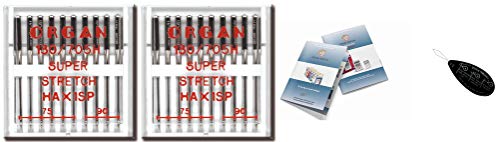 Organ Agujas para máquina de coser doméstica, superelásticas (HAX1SP) 130/705 H, 2 paquetes de 10, tamaño: 75/11, 90/14 + Enhebrador de agujas grande y índice de agujas de órgano