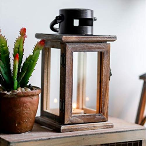 OSALADI Portavelas vintage elegante de hierro Art candelabro de madera farol vela para dormitorio decoración del jardín de casa (con 1 vela electrónica)