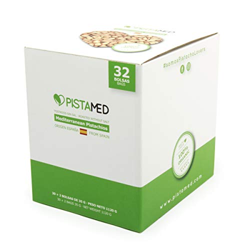 Pistachos ecológicos PISTAMED - 1,1 Kg. Tostado artesanal SIN SAL - Origen España (30+2 bolsas de 35 gr. = 1.120 gramos) 32 raciones de pistachos