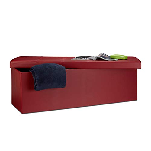 Relaxdays Banco plegable, Baúl de almacenaje, Cuero sintético, 38 x 114 x 38 cm, Rojo oscuro
