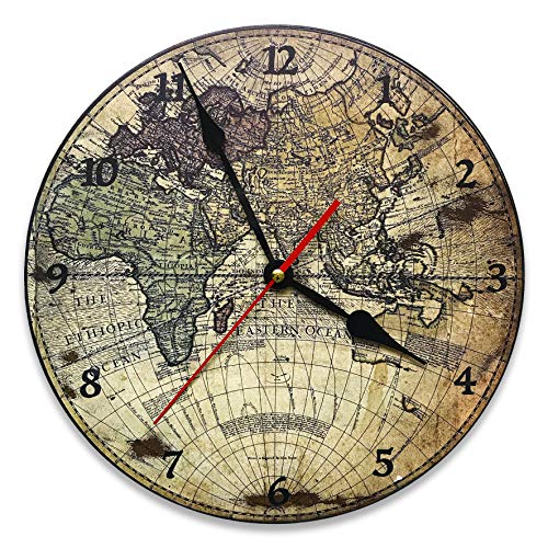 Reloj de pared vintage de MDF, diámetro 30 cm, con diseño mapa del mundo antiguo para decorar la casa de forma original, ideal para todos los ambientes de la casa.