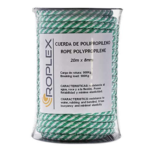 ROPLEX Bobina de cuerda de polipropileno (PP) 20m x 8mm, blanca/verde, cuerda trenzada de amarre, multiusos, carga de rotura: 900 Kg