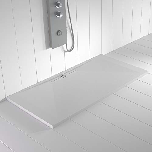 Shower Online Plato de ducha Resina WIDE - 70x130 - Textura Pizarra - Antideslizante - Todas las medidas disponibles - Incluye Rejilla Color Blanco y Sifón - Blanco RAL 9003