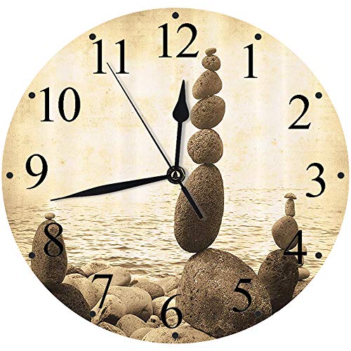 Yaoni Silencioso Wall Clock Decoración de hogar de Reloj de Redondo,Ocean Set, Estilo costero costero de Grunge Calma Water Zen Print Sepia Rocas Grandes y peq,para Hogar, Sala de Estar, el Aula
