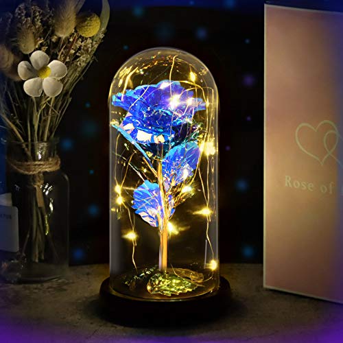Yodeace Rosa Eterna, Flor Azul Artificial En Cúpula de Cristal con Luz LED Tarjeta de Felicitación para San Valentín Cumpleaños Boda Aniversario Regalo Decoración para El Hogar