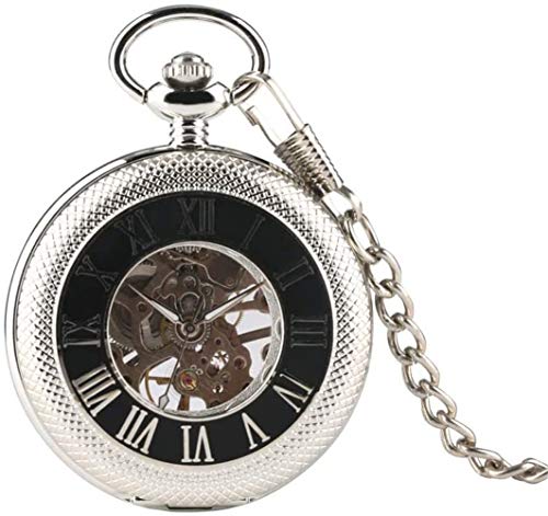 ZKHD Reloj De Bolsillo De Estuche Reticulado De Plata para Hombres, Reloj De Bolsillo Mecánico De Esqueleto para Hombre, Relojes De Bolsillo Exquisitos Tallados Huecos