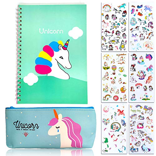 8 Piezas Estuche Unicornio Set de Papelería, Unicornio Piezas Set de Papelería,Unicorn Notebook y Juego de Bolígrafos Para Niños, Regalos de Unicornio para Niñas Niños (Azul)