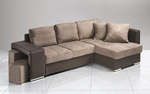 Dafne Italian Design - Sofá cama esquinero de 2 plazas con chaise longue a la derecha, piel sintética marrón, tejido Fango (267 x 158 x 88 cm)