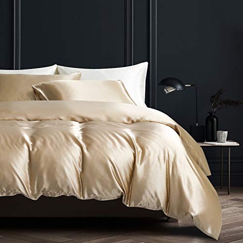 Damier Ropa de cama de satén, 200 x 220 cm, color beige, lisa, de alta calidad, juego de ropa de cama de 3 piezas, funda de edredón con cremallera y 2 fundas de almohada de 80 x 80 cm