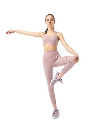 Eagool - Conjunto de entrenamiento para mujer, 2 piezas, leggings de yoga de cintura alta y sujetador deportivo rosa M