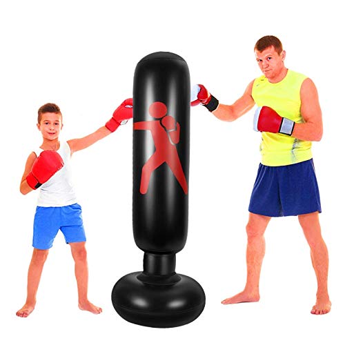 FOYOCER Saco de Boxeo Hinchable de Niños Saco de Arena Inflable de Pie para Practicar Karate MMA Bolsa de Boxeo Fitness para Nniños 61”(Bomba de Aire & Pegatinas de Reparación Incluidas) (Negro)