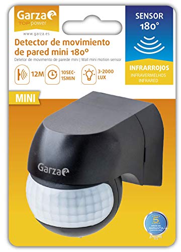 Garza Power - Detector de Movimiento Infrarrojos Mini de Pared, uso Exterior, ángulo de Detección 180º, Negro