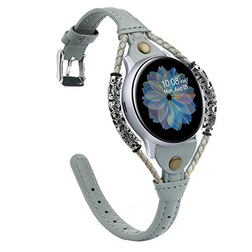 Glebo Correa de piel compatible con Samsung Galaxy Watch 42 mm/Active 40 mm/Active 2 (40 mm/44 mm)/Watch 3 41 mm para mujer, 20 mm vintage, correa de repuesto para Samsung Gear Sport, color gris