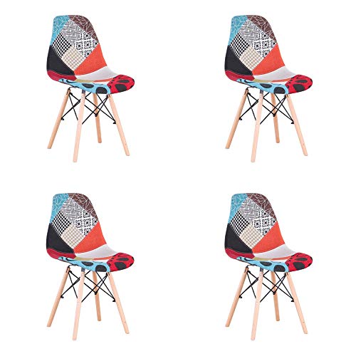 GrandCA HOME Pack de 4 sillas Sillas de Retazos Multicolores en Tela de Lino Sillas de Sala de Estar de Ocio Sillas de Comedor con Respaldo de cojín Suave (Rojo-02)