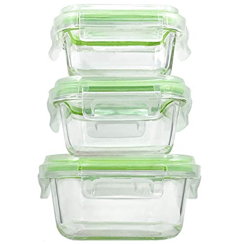 Home Fleek - Envases de Vidrio para Alimentos | 3 Recipientes + 3 Tapas | Herméticos | Sin BPA (Set 3, Cuadrado Verde)