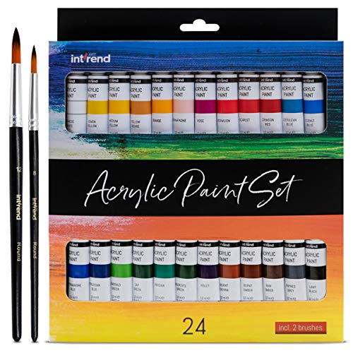 int!rend Set de colores acrilicos | 24 tubos de pintura acrilica à 12ml + 2 pinceles | Juego de 24 pinturas impermeables para papel, madera, lienzo, piedras, pintura textil