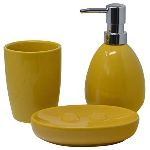 Juego/Set de Baño 3 Piezas en Cerámica, Color Amarillo, Diseño Moderno/Elegante. Vaso, Dispensador y Bandeja de baño -Hogarymas