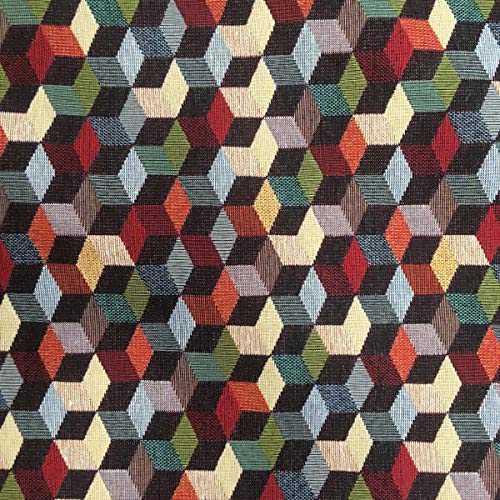 Kt KILOtela Tela de tapicería - Jacquard Gobelino - Retal de 100 cm Largo x 280 cm Ancho | Cubos - Rojo, Verde, Azul, Negro ─ 1 Metro