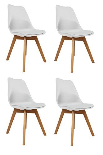 La Silla Española Salou, sillas de estilo nórdico, asiento en simil piel y patas en madera, blanco, 47x42x83 cm, 4 unidades